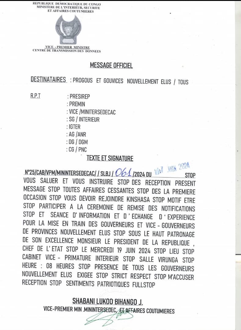 Sud-Kivu: Le Gouverneur élu Jean Jacques Purusi invité par le Vice-premier Ministre de l’intérieur pour la cérémonie de remise des notifications